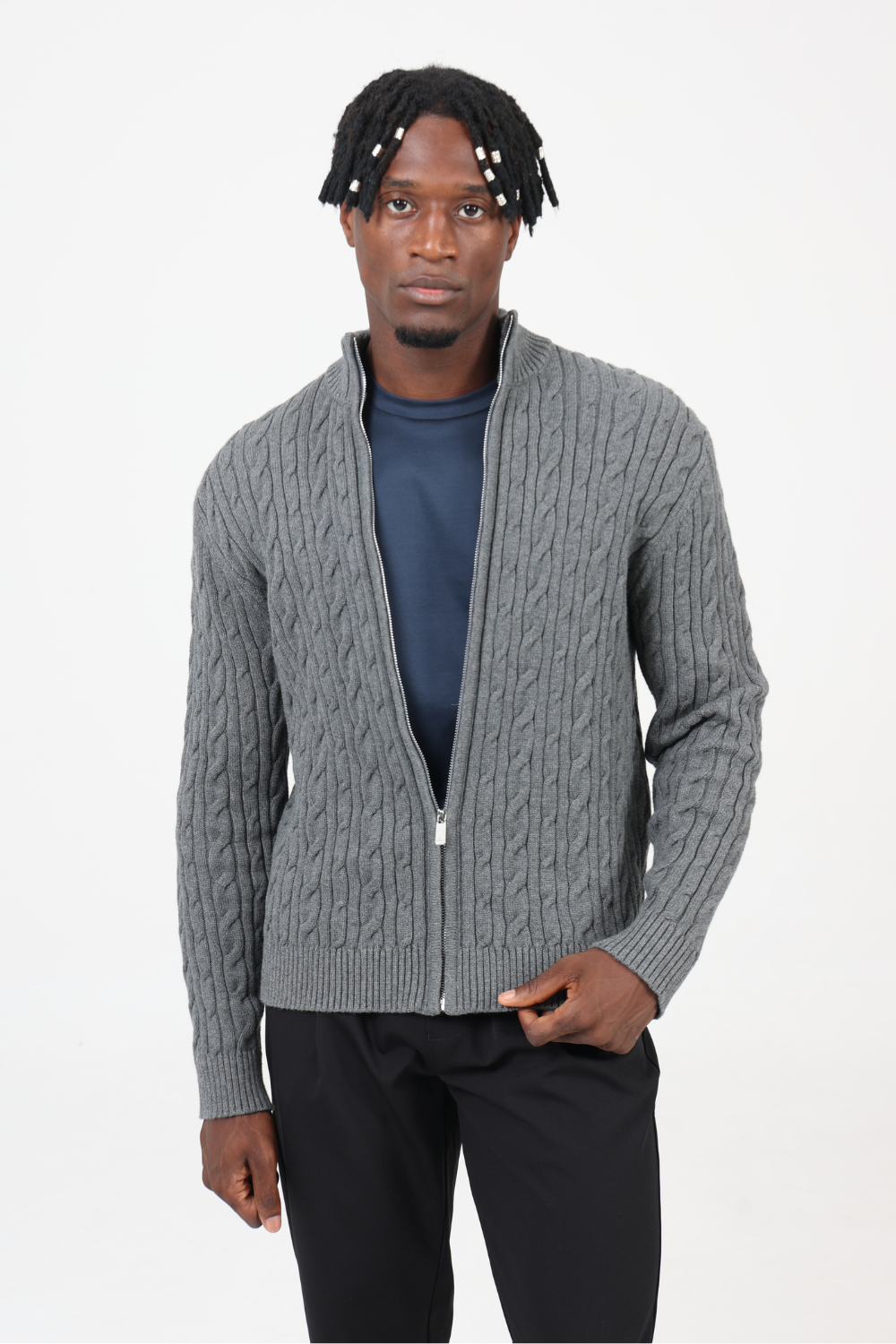 CHARCOAL CASHMERE CABLE KNIT FULL ZIP