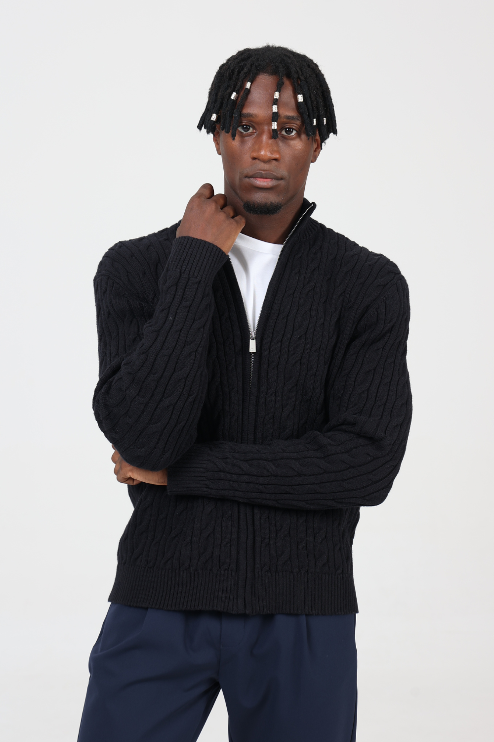 BLACK CASHMERE CABLE KNIT FULL ZIP
