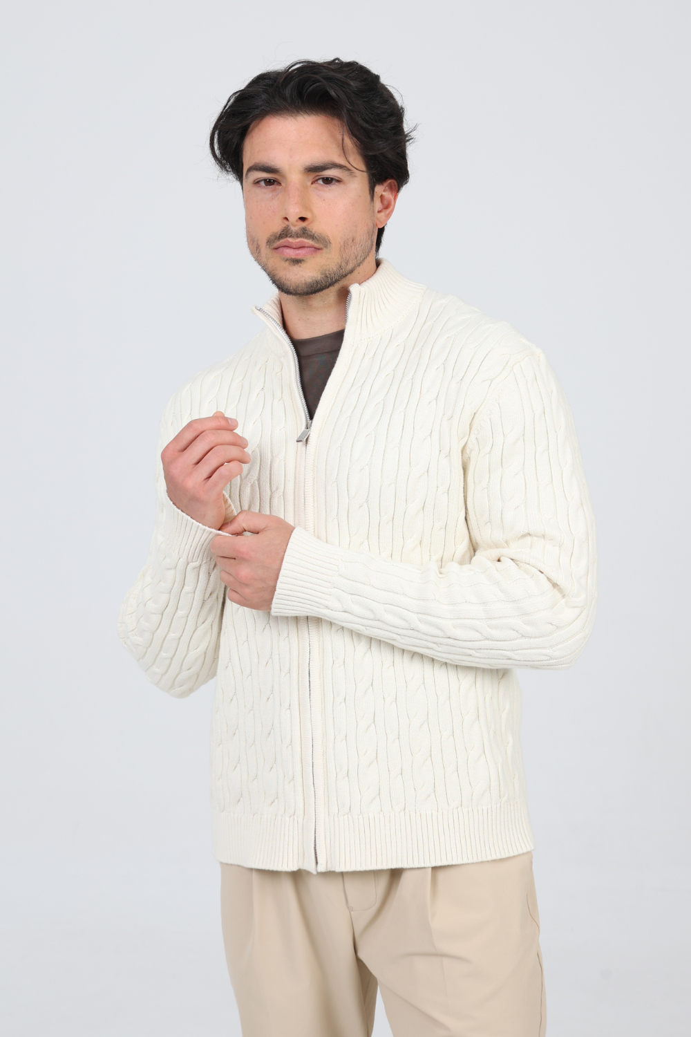 IVORY CASHMERE CABLE KNIT FULL ZIP