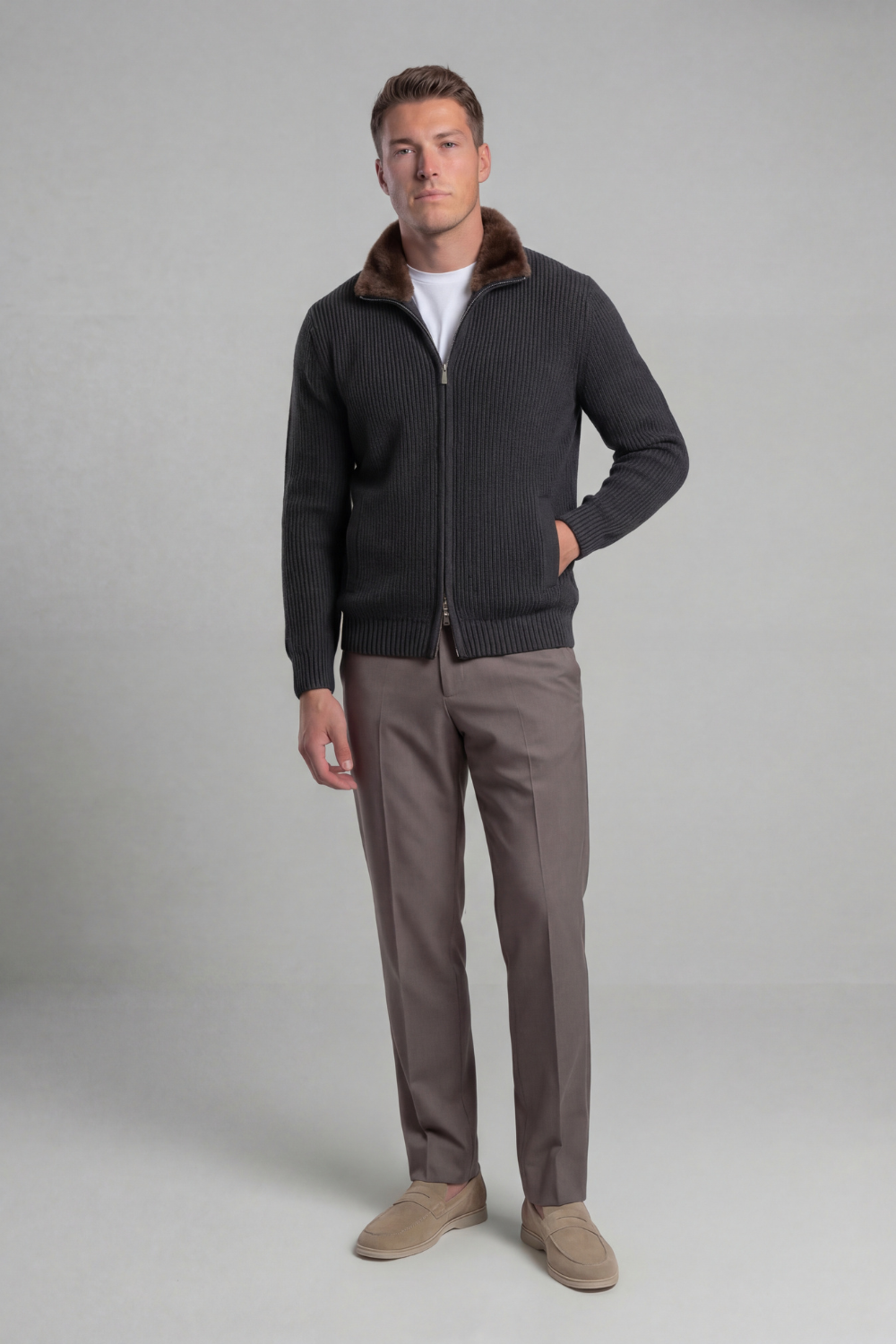 DARK GREY FUR COLLAR WOOL FULL ZIP