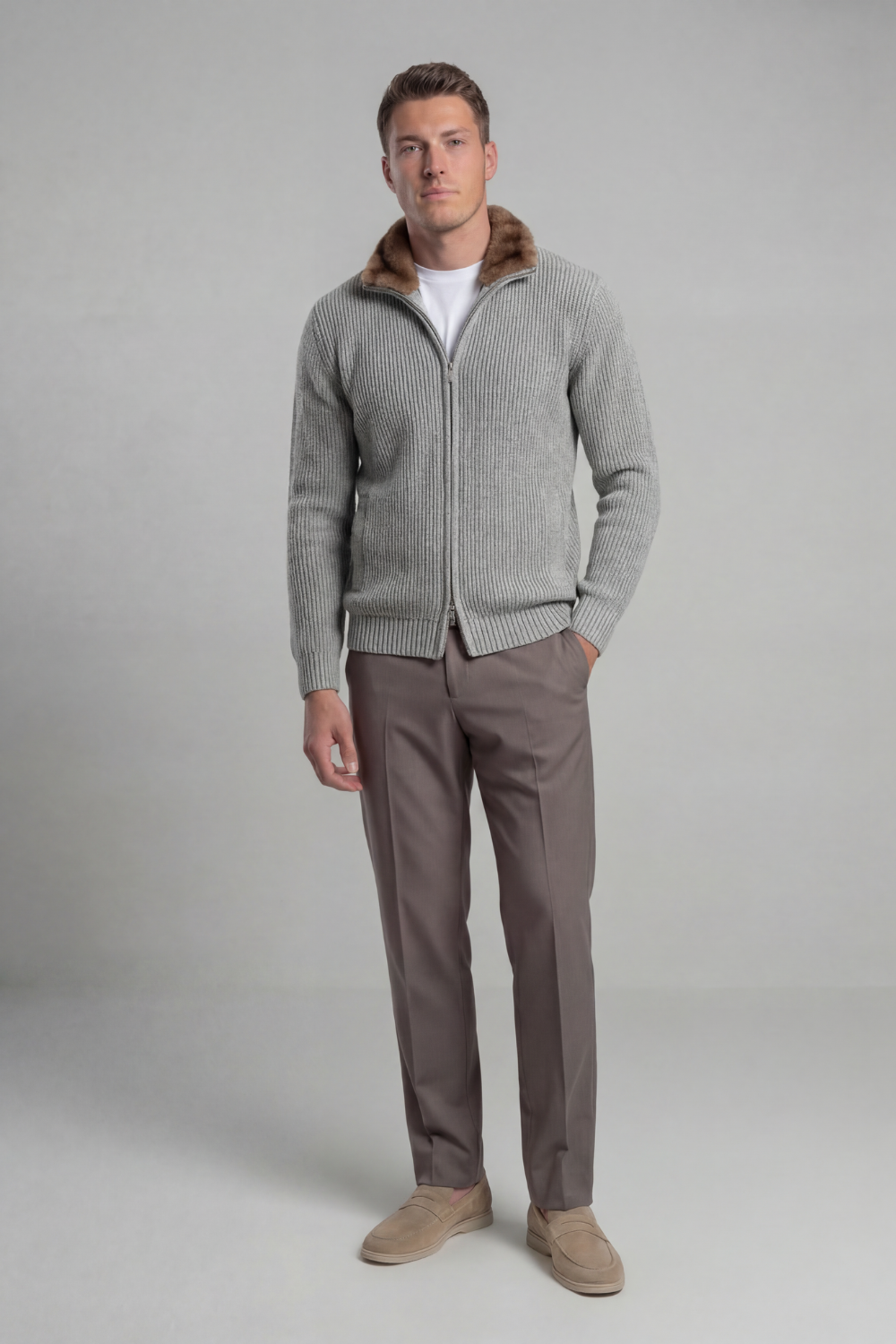 LIGHT GREY FUR COLLAR WOOL FULL ZIP